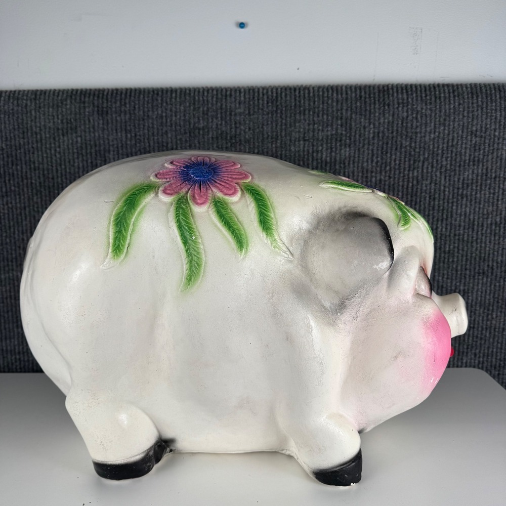 Vintage Large Ceramic Piggy Bank White Pink Floral Hand Painted MCM Kitsch XXL - Picture 11 of 15